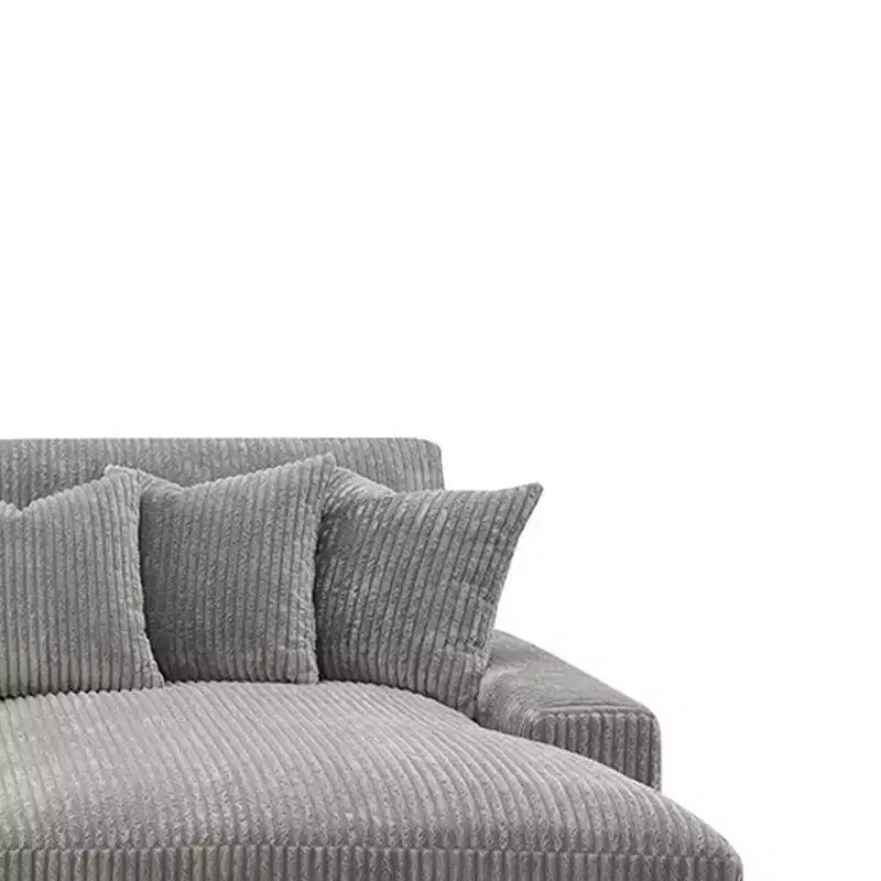 Divano angolare reversibile da 84", velluto a coste grigio, 6 cuscini, struttura in legno e compensato, 4 posti