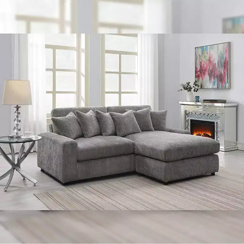 Divano angolare reversibile da 84", velluto a coste grigio, 6 cuscini, struttura in legno e compensato, 4 posti