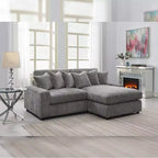 Divano angolare reversibile da 84", velluto a coste grigio, 6 cuscini, struttura in legno e compensato, 4 posti