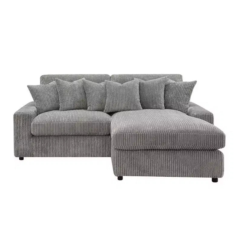 Divano angolare reversibile da 84", velluto a coste grigio, 6 cuscini, struttura in legno e compensato, 4 posti
