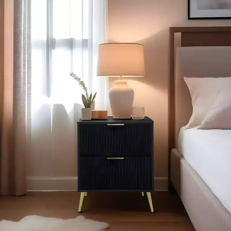 Comodino moderno nero con 2 cassetti - Legno MDF, Design minimalista