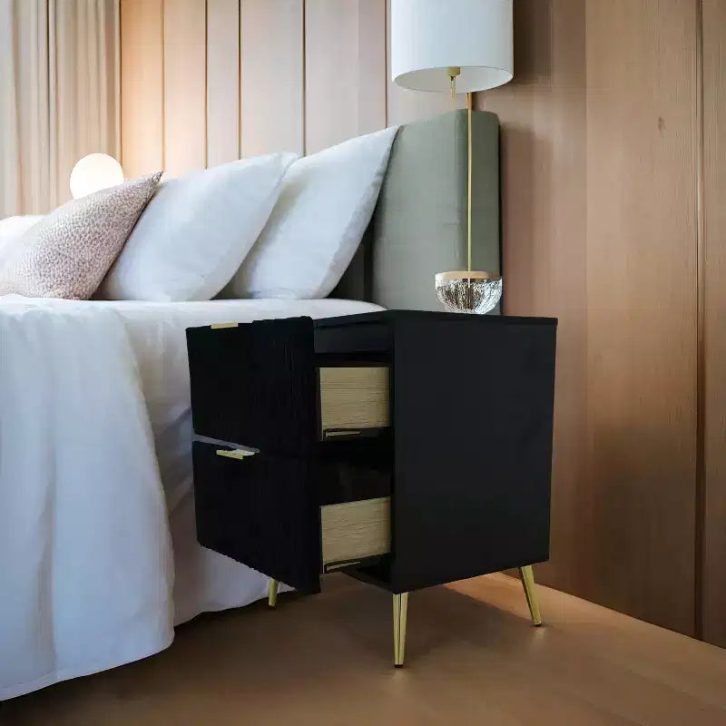 Comodino moderno nero con 2 cassetti - Legno MDF, Design minimalista