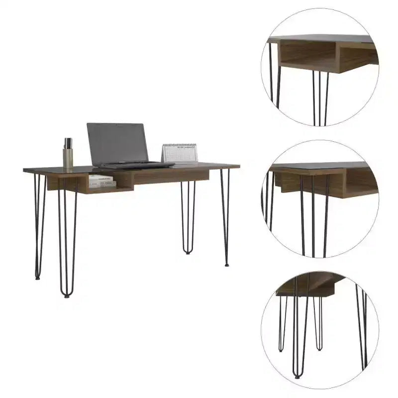 Scrivania per Computer da 55" Marrone - Piano in Vetro Temperato, Gambe in Metallo, Ripiano Contenitore