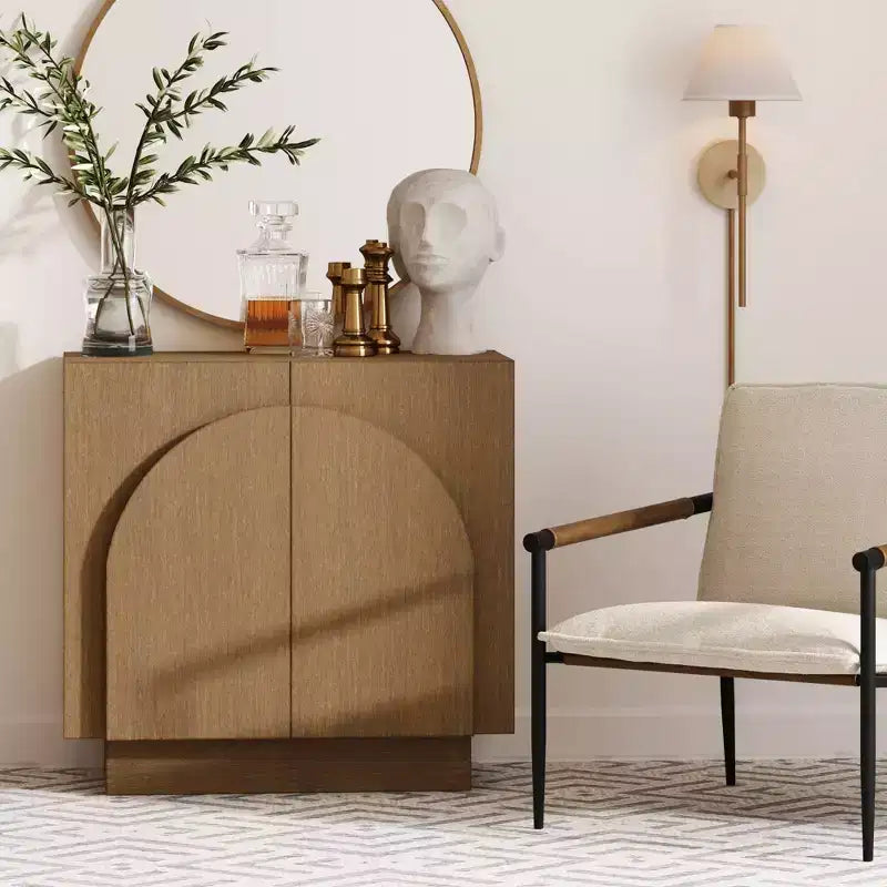 Mobile Contenitore ad Arco Stile Mid-Century, Impiallacciatura in Legno, 2 Ante, Ripiano Regolabile, 79 cm A x 79 cm L x 43 cm P