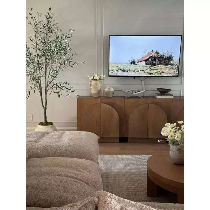 Mobile Contenitore ad Arco Stile Mid-Century, Impiallacciatura in Legno, 2 Ante, Ripiano Regolabile, 79 cm A x 79 cm L x 43 cm P