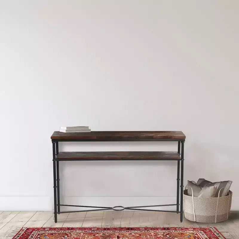 Consolle stretta da 48", piano in acacia massello, gambe in ferro industriale, stile rustico-country, finitura grigia