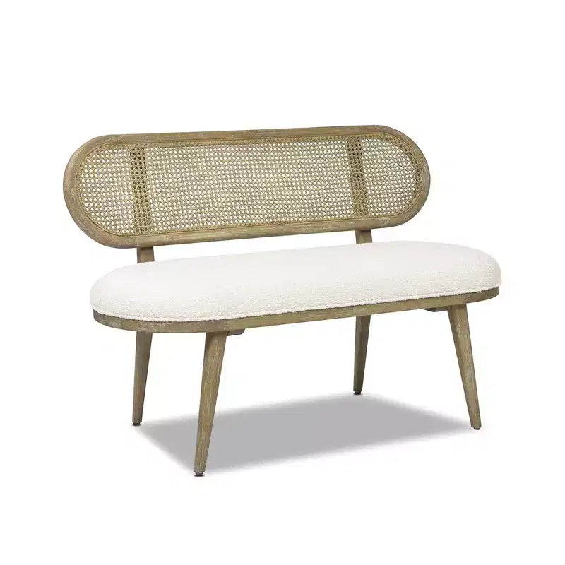 Panca divanetto imbottita Havana 42 in canna di rattan, Bouclé bianco avorio