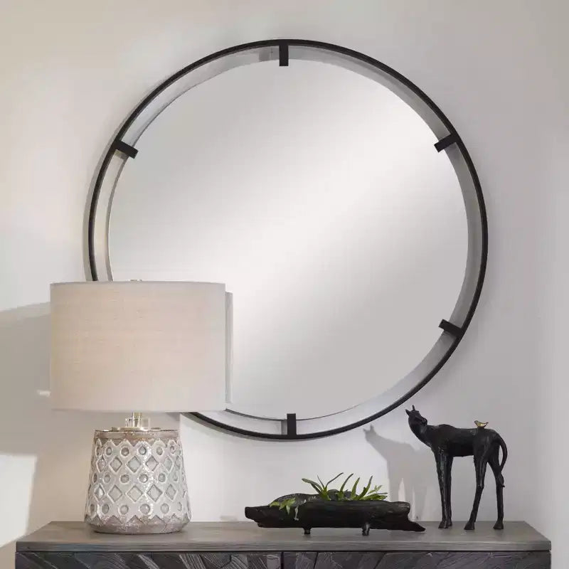 Specchio da parete rotondo da 34" in ferro nero satinato, stile nautico, ganci ad anello a D e a J