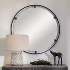 Specchio da parete rotondo da 34" in ferro nero satinato, stile nautico, ganci ad anello a D e a J