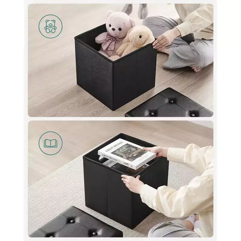 SONGMICS Pouf Contenitore Pieghevole da 38 cm, Poggiapiedi Cubo, Tavolino da Salotto con Maniglie a Foro, Similpelle