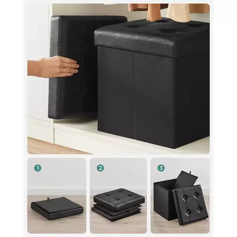 SONGMICS Pouf Contenitore Pieghevole da 38 cm, Poggiapiedi Cubo, Tavolino da Salotto con Maniglie a Foro, Similpelle