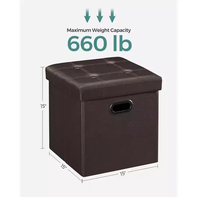 SONGMICS Pouf Contenitore Pieghevole da 38 cm, Poggiapiedi Cubo, Tavolino da Salotto con Maniglie a Foro, Similpelle