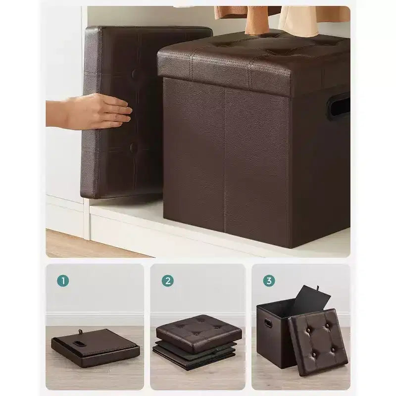 SONGMICS Pouf Contenitore Pieghevole da 38 cm, Poggiapiedi Cubo, Tavolino da Salotto con Maniglie a Foro, Similpelle
