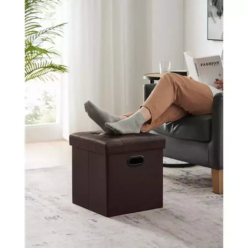 SONGMICS Pouf Contenitore Pieghevole da 38 cm, Poggiapiedi Cubo, Tavolino da Salotto con Maniglie a Foro, Similpelle