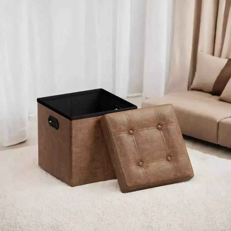 SONGMICS Pouf Contenitore Pieghevole da 38 cm, Poggiapiedi Cubo, Tavolino da Salotto con Maniglie a Foro, Similpelle