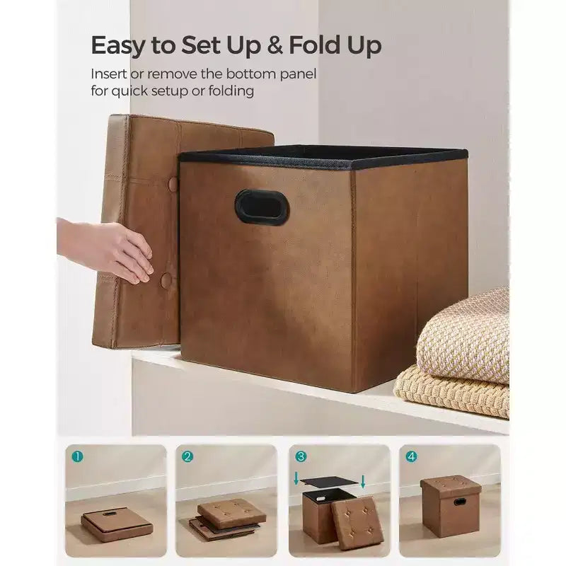 SONGMICS Pouf Contenitore Pieghevole da 38 cm, Poggiapiedi Cubo, Tavolino da Salotto con Maniglie a Foro, Similpelle