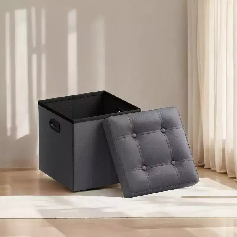 SONGMICS Pouf Contenitore Pieghevole da 38 cm, Poggiapiedi Cubo, Tavolino da Salotto con Maniglie a Foro, Similpelle