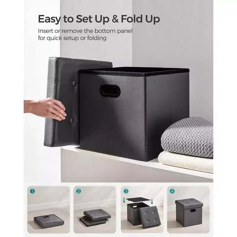 SONGMICS Pouf Contenitore Pieghevole da 38 cm, Poggiapiedi Cubo, Tavolino da Salotto con Maniglie a Foro, Similpelle