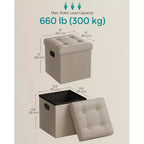 SONGMICS Pouf Contenitore Pieghevole da 38 cm, Poggiapiedi Cubo, Tavolino da Salotto con Maniglie a Foro, Similpelle