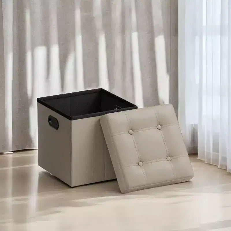 SONGMICS Pouf Contenitore Pieghevole da 38 cm, Poggiapiedi Cubo, Tavolino da Salotto con Maniglie a Foro, Similpelle