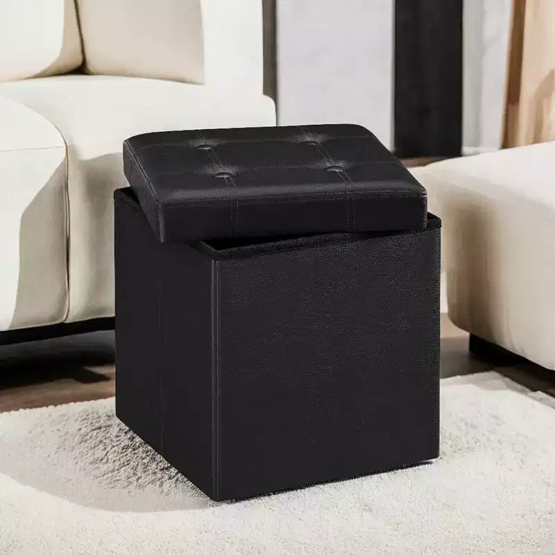 SONGMICS Pouf Contenitore Pieghevole da 38 cm, Poggiapiedi Cubo, Tavolino da Salotto con Maniglie a Foro, Similpelle