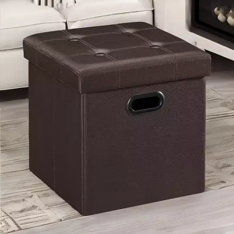 SONGMICS Pouf Contenitore Pieghevole da 38 cm, Poggiapiedi Cubo, Tavolino da Salotto con Maniglie a Foro, Similpelle