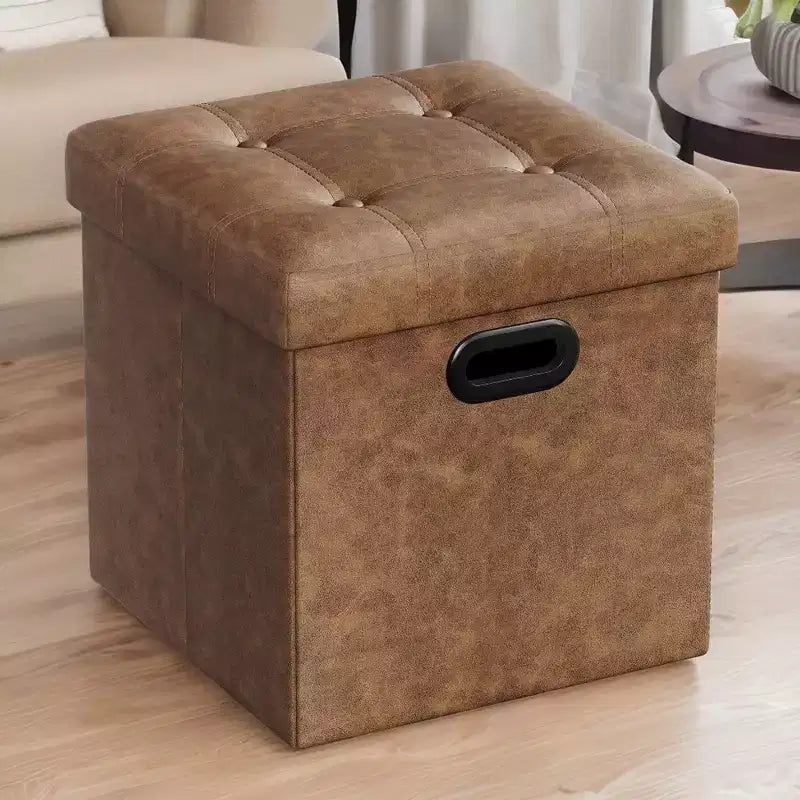 SONGMICS Pouf Contenitore Pieghevole da 38 cm, Poggiapiedi Cubo, Tavolino da Salotto con Maniglie a Foro, Similpelle