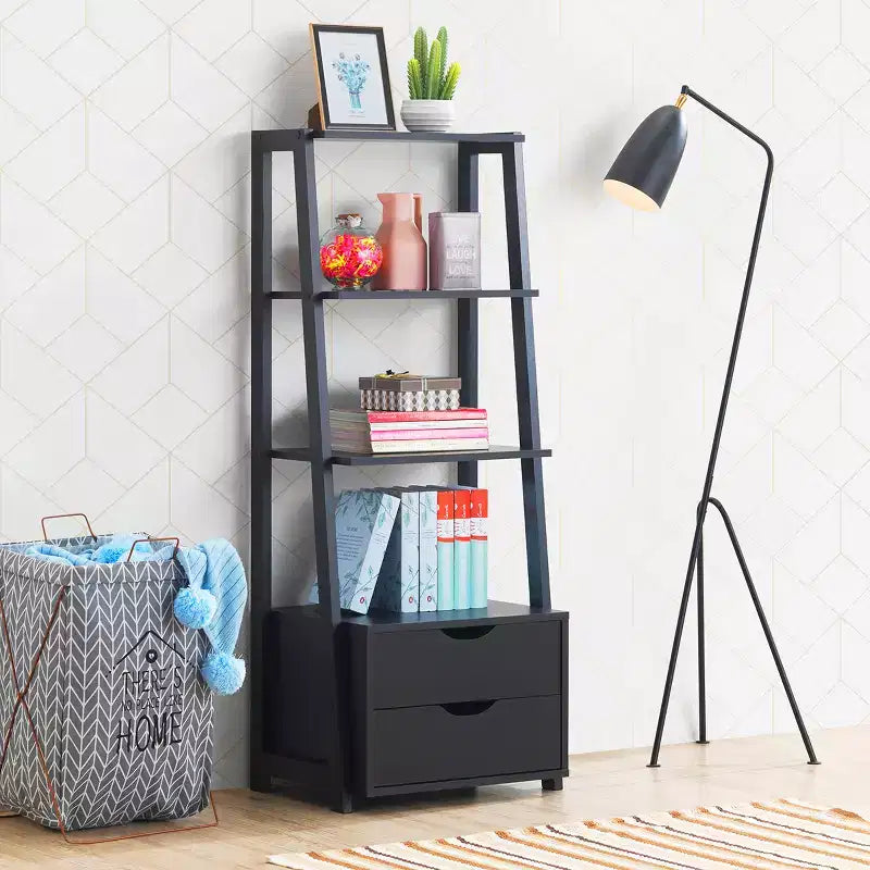 Libreria a Scala a 4 Livelli con 2 Cassetti, Anti-Ribaltamento, MDF, 10 kg/Ripiano, Bianco & Naturale o Nero