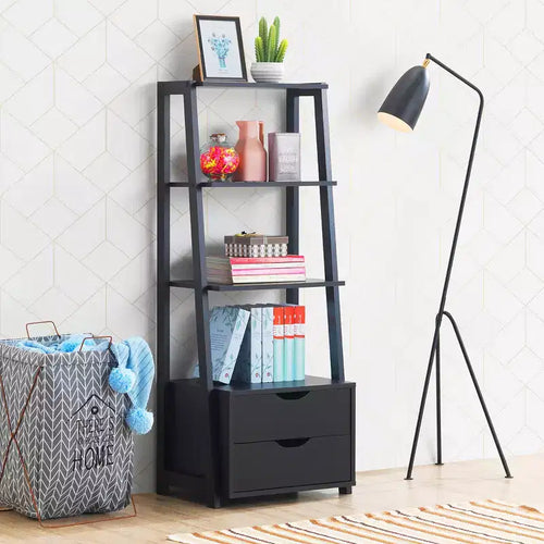 Libreria a Scala a 4 Livelli con 2 Cassetti, Anti-Ribaltamento, MDF, 10 kg/Ripiano, Bianco & Naturale o Nero