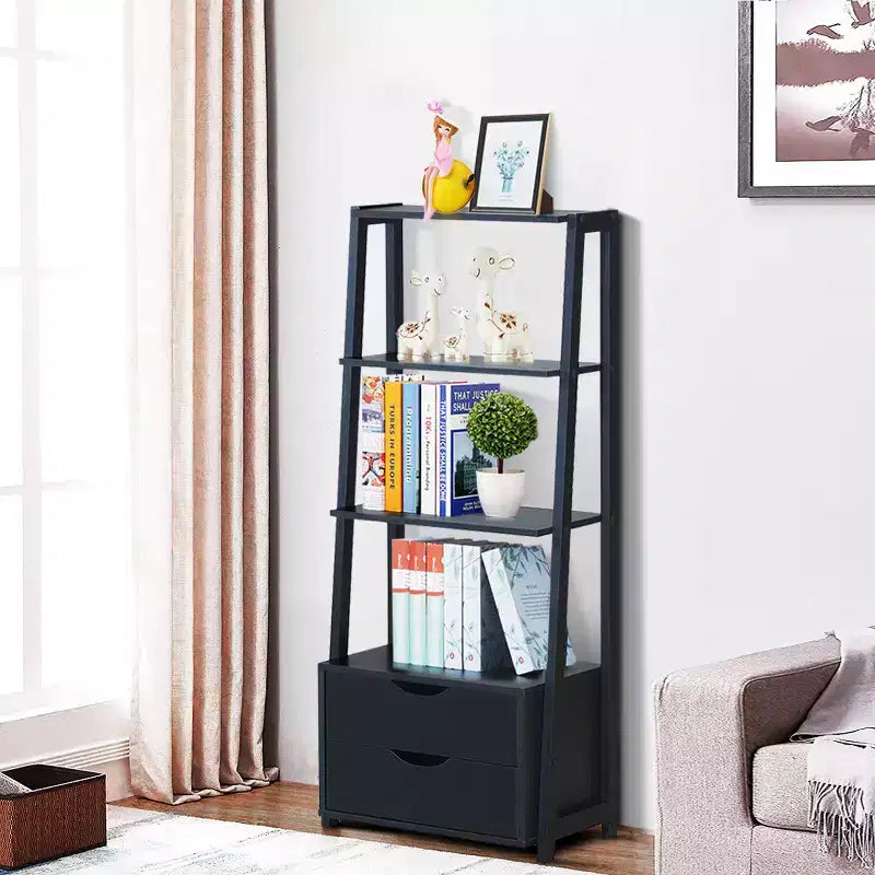 Libreria a Scala a 4 Livelli con 2 Cassetti, Anti-Ribaltamento, MDF, 10 kg/Ripiano, Bianco & Naturale o Nero