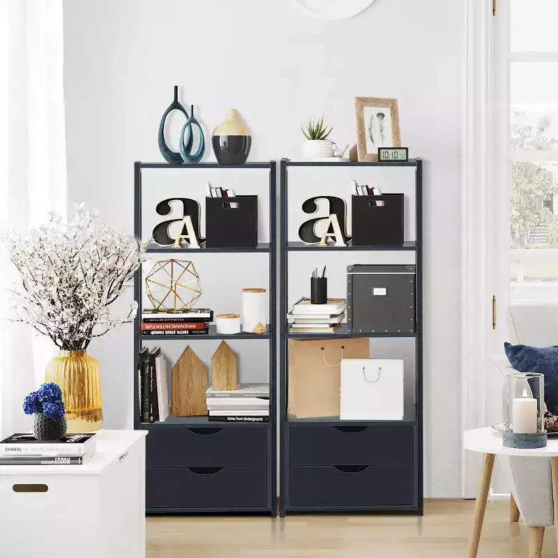 Libreria a Scala a 4 Livelli con 2 Cassetti, Anti-Ribaltamento, MDF, 10 kg/Ripiano, Bianco & Naturale o Nero