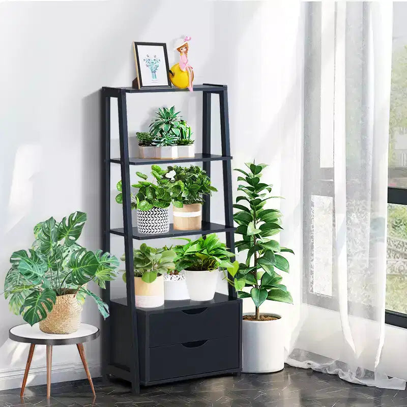 Libreria a Scala a 4 Livelli con 2 Cassetti, Anti-Ribaltamento, MDF, 10 kg/Ripiano, Bianco & Naturale o Nero