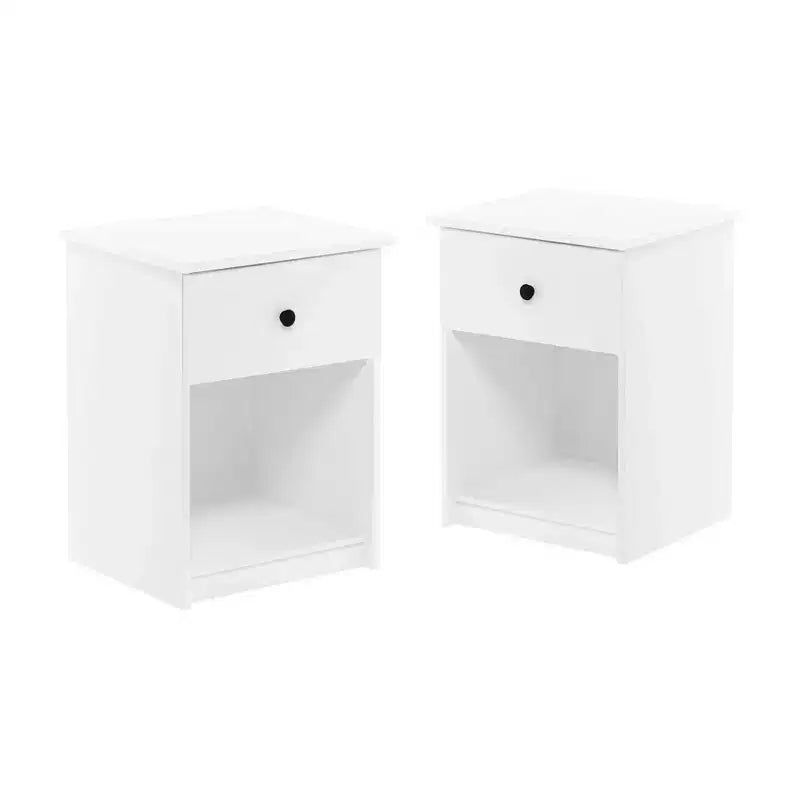 Comodino Mid-Century con Cassetto e Ripiano Aperto, Set da 2, Bianco, Legno Certificato CARB, Capacità 20 kg