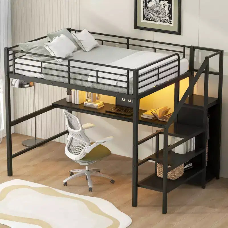 Letto a soppalco in metallo full-size con scrivania, scala portaoggetti e piccolo armadio ModernLuxe