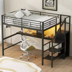 Letto a soppalco in metallo full-size con scrivania, scala portaoggetti e piccolo armadio ModernLuxe