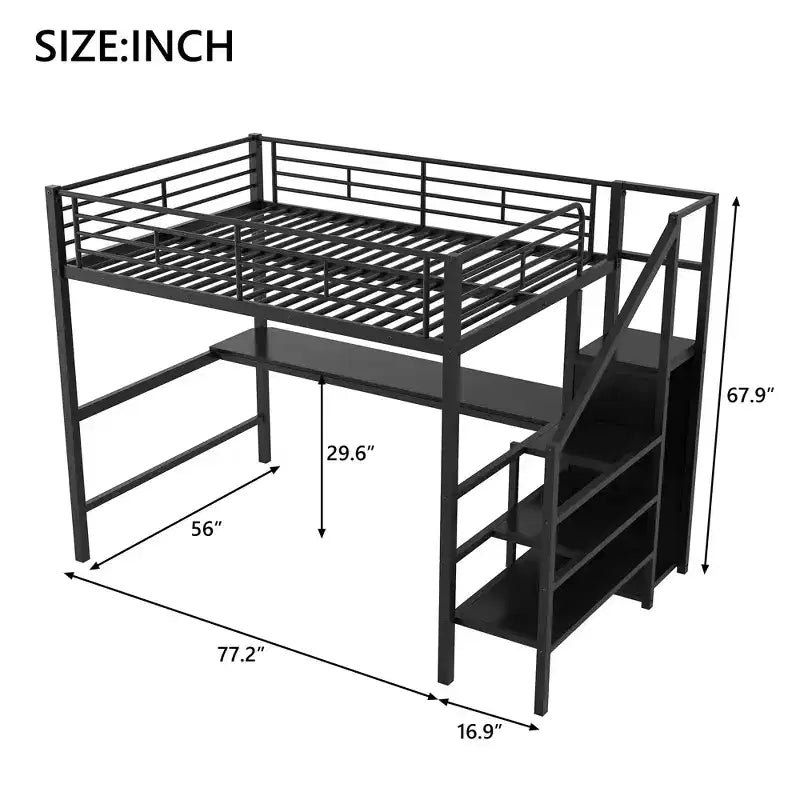 Letto a soppalco in metallo full-size con scrivania, scala portaoggetti e piccolo armadio ModernLuxe