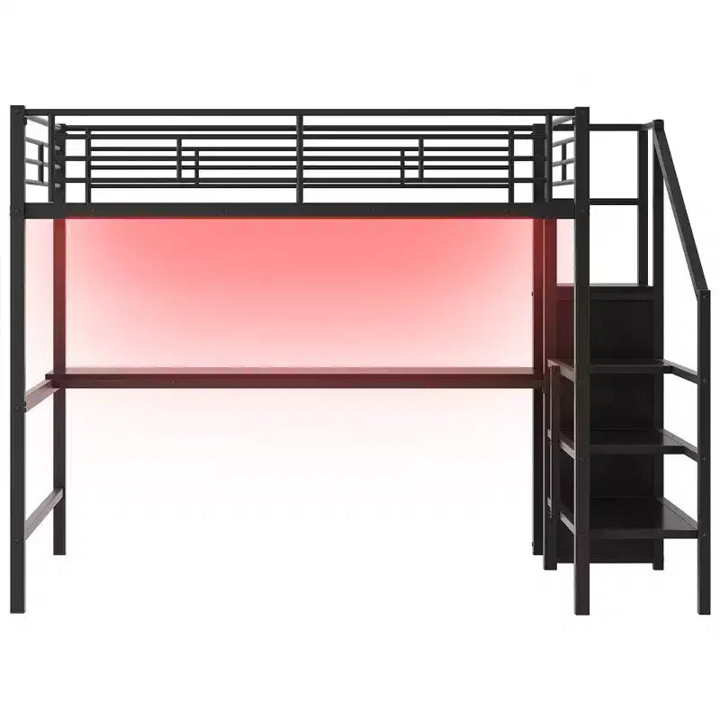 Letto a soppalco in metallo full-size con scrivania, scala portaoggetti e piccolo armadio ModernLuxe