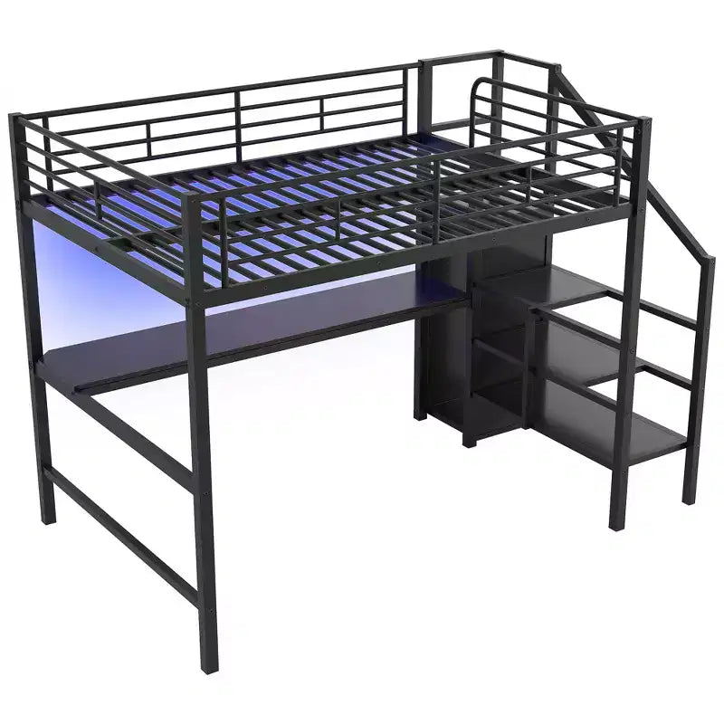 Letto a soppalco in metallo full-size con scrivania, scala portaoggetti e piccolo armadio ModernLuxe
