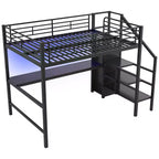 Letto a soppalco in metallo full-size con scrivania, scala portaoggetti e piccolo armadio ModernLuxe