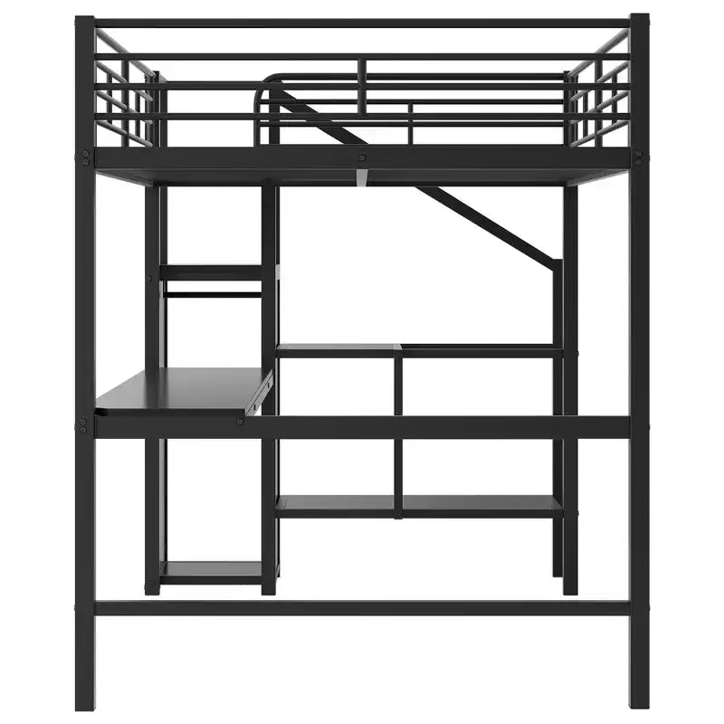 Letto a soppalco in metallo full-size con scrivania, scala portaoggetti e piccolo armadio ModernLuxe