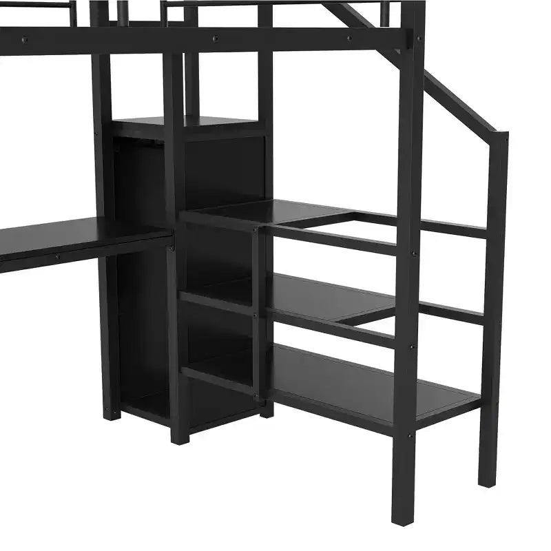 Letto a soppalco in metallo full-size con scrivania, scala portaoggetti e piccolo armadio ModernLuxe