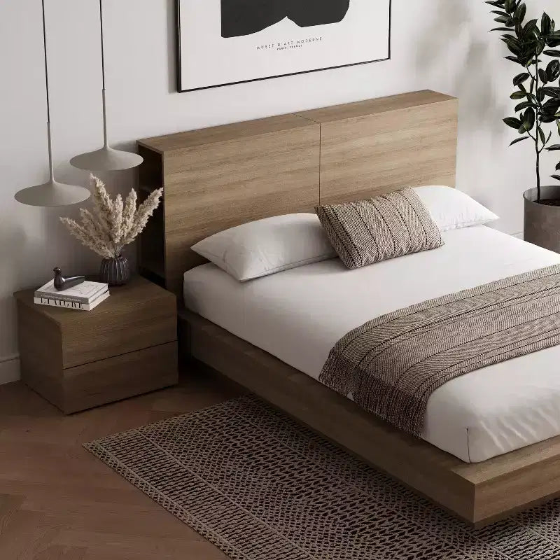 Set camera da letto matrimoniale 3 pezzi, letto a piattaforma + testiera + comodino, senza base a molle, 1 anno di garanzia