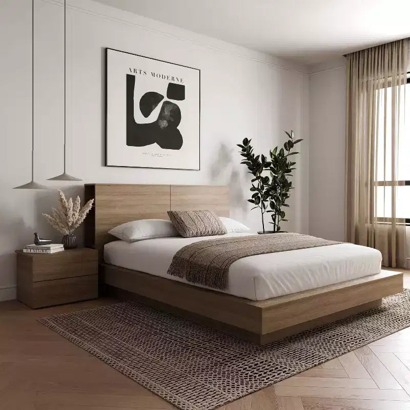 Set camera da letto matrimoniale 3 pezzi, letto a piattaforma + testiera + comodino, senza base a molle, 1 anno di garanzia