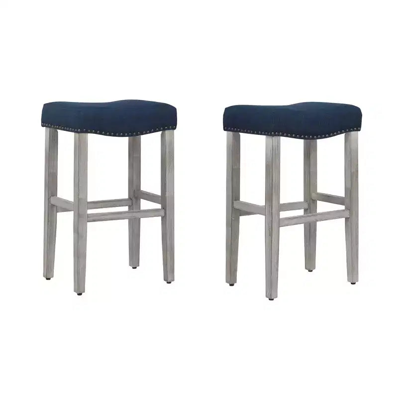 WestinTrends 29 Upholstered Saddle Seat Bar Stool (Set of 2), Antique Gray/Navy Blue