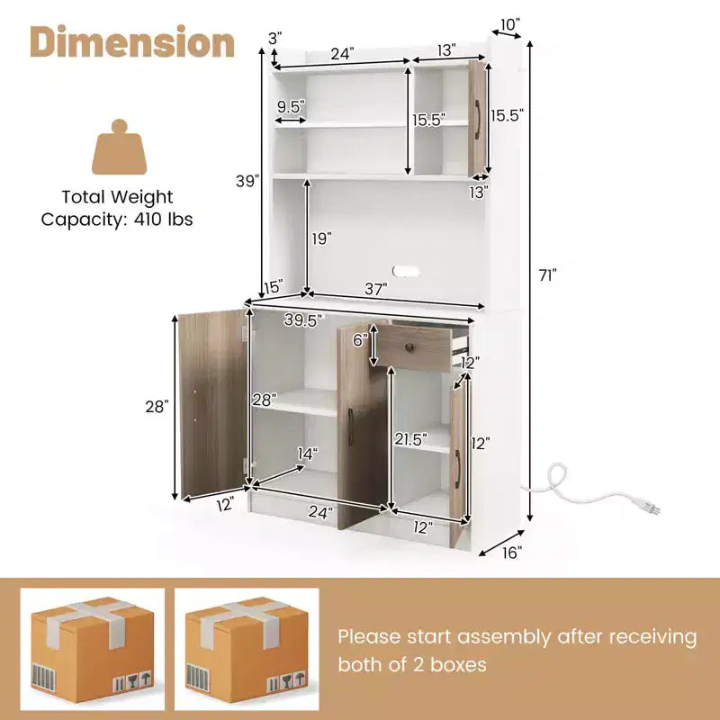 Dispensa da Cucina 71" con Credenza, 4 Ante, 1 Cassetto, 10 Ripiani, MDF, Antiribaltamento, Bianco