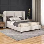 Letto Queen con piattaforma imbottita Bouclé, testiera Wingback, 227 kg, struttura in legno, senza box spring
