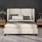 Letto Queen con piattaforma imbottita Bouclé, testiera Wingback, 227 kg, struttura in legno, senza box spring