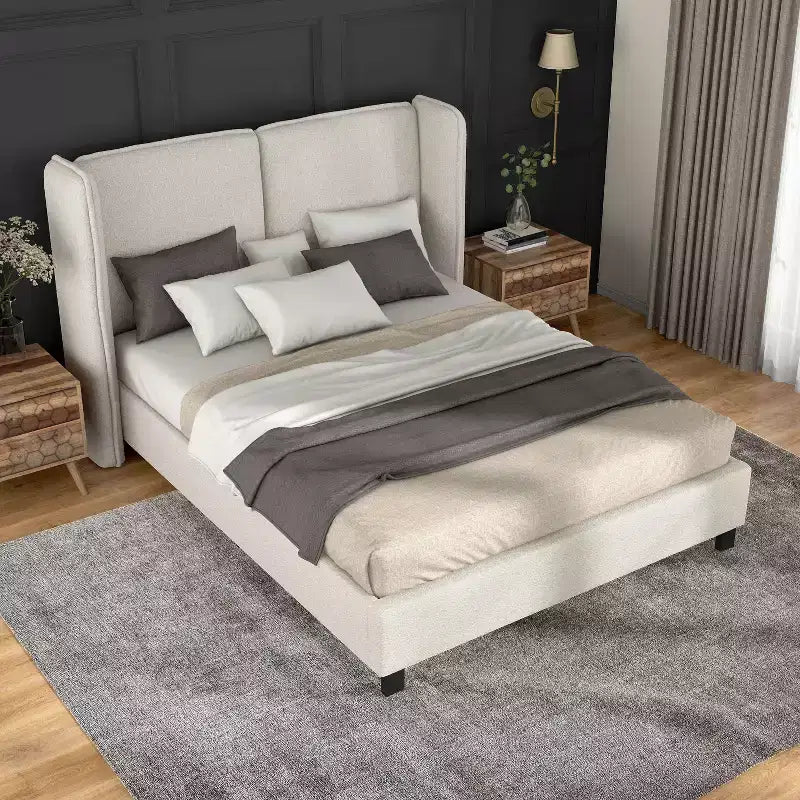 Letto Queen con piattaforma imbottita Bouclé, testiera Wingback, 227 kg, struttura in legno, senza box spring