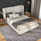 Letto Queen con piattaforma imbottita Bouclé, testiera Wingback, 227 kg, struttura in legno, senza box spring