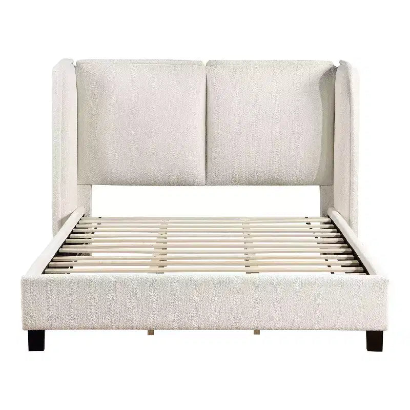 Letto Queen con piattaforma imbottita Bouclé, testiera Wingback, 227 kg, struttura in legno, senza box spring